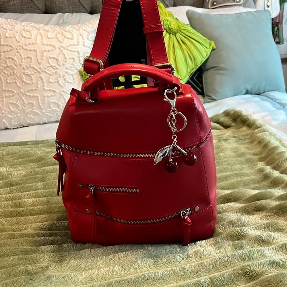 Dolce Vita red leather backpack I put the cherry keychain on it to look morecut - Picture 1 of 13